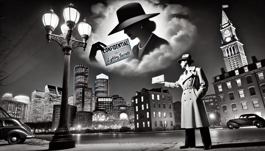 Illustration Noir style, detective holding a letter and a woman holding a paper that reads "Confidential: Lighting Secrets" in black and white | IES Boston Secion EP Event: Ask an Expert Panel